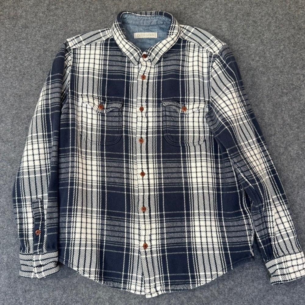 Outerknown Blanket Shirt Mens Large Navy White Plaid Organic Cotton Flannel